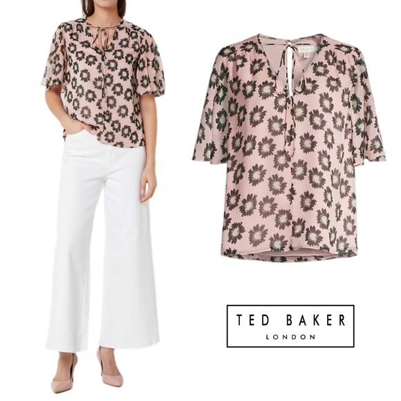 NEW Ted Baker Harlynn Floral Flutter Sleeve Chiffon Top - Picture 1 of 12